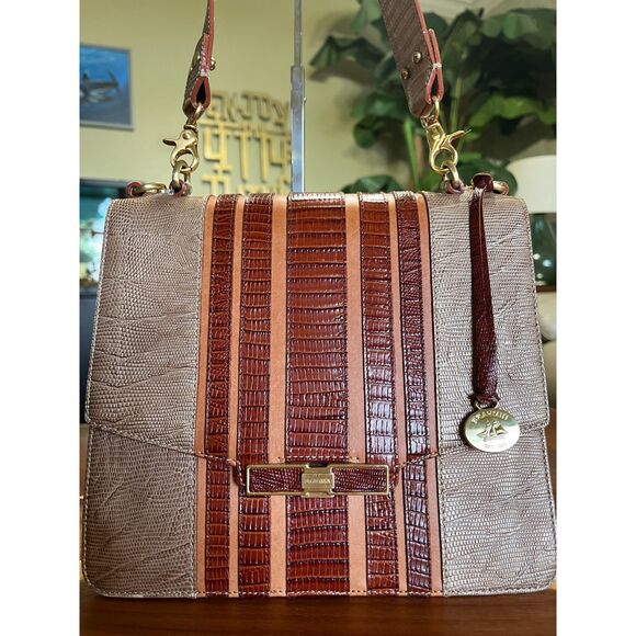 Brahmin Ophelia Satchel Tan Brown Gold Purse Bag Charm - Picture 10 of 11